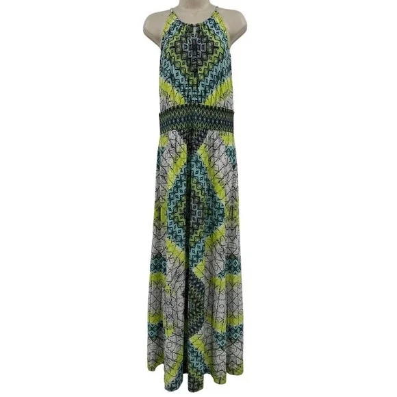 London Times | Dresses | London Times Maxi Dress 4 Green Blue Geometric  Print Halter Sleeveless Keyhole | Poshmark